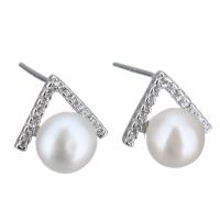 Sterling Silver Natural Pearl Stud Earring, 925 Sterling Silver, with Freshwater Pearl, without stopper & micro pave cubic zirconia & for woman 0.5mm 