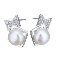 Sterling Silver Natural Pearl Stud Earring, 925 Sterling Silver, with Freshwater Pearl, Bowknot, without stopper & micro pave cubic zirconia & for woman 0.5mm 