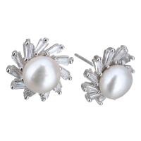 Sterling Silver Natural Pearl Stud Earring, 925 Sterling Silver, with Freshwater Pearl, Flower, without stopper & for woman & with cubic zirconia 0.5mm 