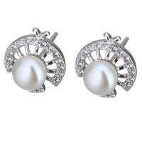 Sterling Silver Natural Pearl Stud Earring, 925 Sterling Silver, with Freshwater Pearl, without stopper & micro pave cubic zirconia & for woman 0.5mm 