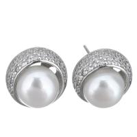 Sterling Silver Natural Pearl Stud Earring, 925 Sterling Silver, with Freshwater Pearl, without stopper & micro pave cubic zirconia & for woman 0.5mm 