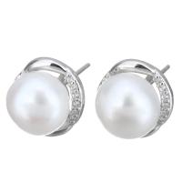 Sterling Silver Natural Pearl Stud Earring, 925 Sterling Silver, with Freshwater Pearl, without stopper & micro pave cubic zirconia & for woman 0.5mm 