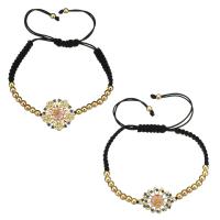 Laiton de bracelets de Woven Ball, avec corde en nylon & coquille, fleur, Plaqué d'or, réglable & styles différents pour le choix & pavé de micro zircon & pour femme Environ 6-10 pouce, Vendu par brin