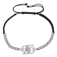 Laiton de bracelets de Woven Ball, avec corde en nylon & coquille, fleur, Plaqué de platine, réglable & pavé de micro zircon & pour femme 4mm Environ 6-10 pouce, Vendu par brin