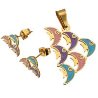 Emaille Edelstahl Schmuck Sets, Anhänger & Ohrring, Fisch, goldfarben plattiert, für Frau & mit Strass, 27x32mm, 13x10mm, Bohrung:ca. 5x8mm, verkauft von setzen