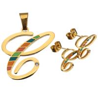 Emaille Edelstahl Schmuck Sets, Anhänger & Ohrring, goldfarben plattiert, für Frau & mit Strass, 30x29mm, 14x12mm, Bohrung:ca. 5x9mm, verkauft von setzen