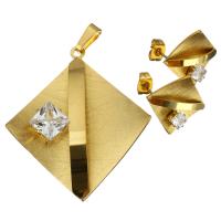 Rhinestone stainless steel Jewelry Set, pendant & earring, Rhombus, gold color plated, for woman & with rhinestone  Approx 