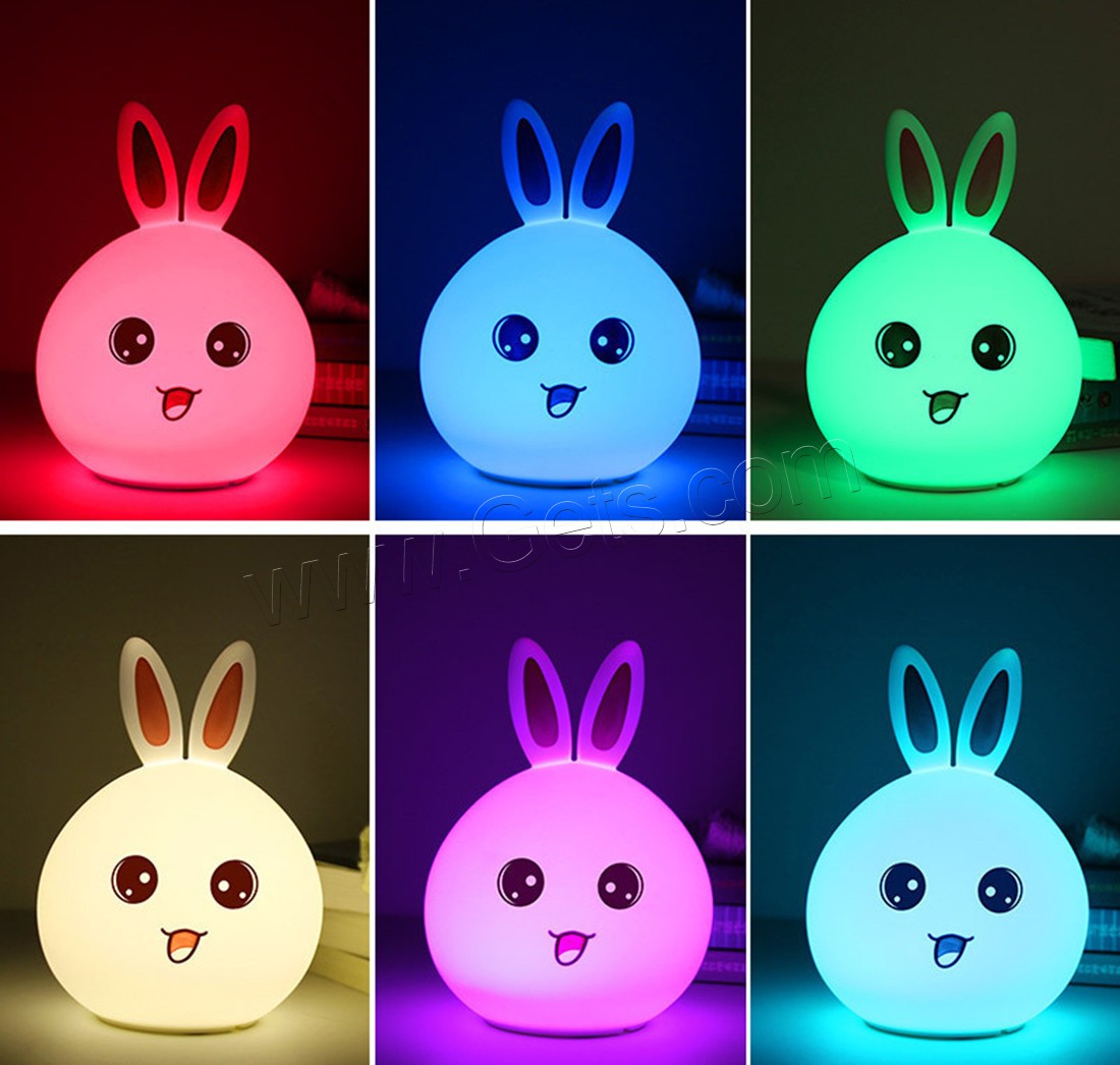 Bunte LED-Nachtlampe, ABS Kunststoff, mit Silikon, Hase, mit USB-Schnittstelle & mit LED-Licht & automatisch die Farbe wechseln & verschiedene Stile für Wahl & verschiedene Muster für Wahl, 120x163mm, verkauft von PC