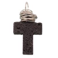 lave volcanique Pendentif, avec laiton, croix, noire Environ 6mm, Vendu par PC