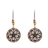 Zinc Alloy Drop Earring, with Synthetic Turquoise & Wood, iron earring hook, Flat Round, antique copper color plated, bluing & for woman, lead & cadmium free 