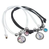 Zinklegierung Ehepaar Armband, mit Gewachste Hanfschnur & Glas, flache Runde, Platinfarbe platiniert, für paar & mit Strass & Aufkleber, gemischte Farben, frei von Blei & Kadmium, 15mm, Länge:ca. 7 ZollInch, verkauft von Paar