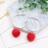 Zinc Alloy Drop Earring, with Rabbit Fur & plastic earnut, stainless steel post pin, Round, gold color plated, for woman lead & cadmium free 