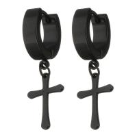 Stainless Steel Huggie Hoop Drop Earring, Cross, black ionic, for woman, 32mm 