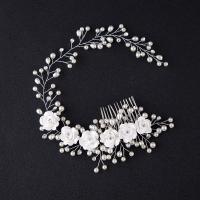 Peine Decorativo para Novia, aleación de zinc, con Perlas de plástico ABS & Cristal, Flor, chapado en color de plata, facetas & con diamantes de imitación, libre de plomo & cadmio, 70x360mm, Vendido por UD