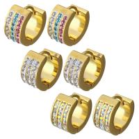 Mens pendiente de aro de acero inoxidable, con Arcilla analiar de diamantes de imitación AB, chapado en color dorado, para mujer, más colores para la opción, 7x13mm, 12parespareja/Grupo, Vendido por Grupo