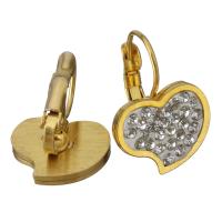 Stainless Steel Lever Back Earring, with Rhinestone Clay Pave, Heart, gold color plated, for woman 