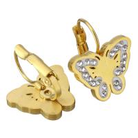 Stainless Steel Lever Back Earring, with Rhinestone Clay Pave, Butterfly, gold color plated, for woman 