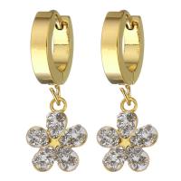 Stainless Steel Huggie Hoop Drop Earring, with Rhinestone Clay Pave, Flower, gold color plated, for woman, 29mm 