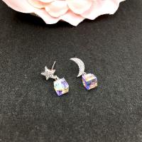 Pendientes asimétricos, plata de ley 925, con Cristal austriario, plata esterlina aguja de pendiente, Luna y estrella, para mujer, 3x20mm, 7x20mm, Vendido por Par