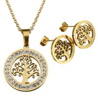 Rhinestone stainless steel Jewelry Set, earring & necklace, with Rhinestone Clay Pave, Tree, gold color plated, oval chain & for woman 2mm, 15mm Approx 17 Inch 