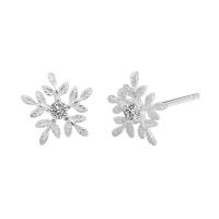 Boucles d'oreilles en laiton zircon cubique, flocon de neige, Plaqué d'argent, pour femme & avec zircone cubique, protéger l'environnement, sans nickel, plomb et cadmium, 8.5mm, Vendu par paire