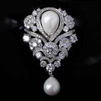 metal broche, con Shell Pearl, chapado en color de plata, micro arcilla de zirconia cúbica & para mujer & hueco, 40x67mm, Vendido por UD