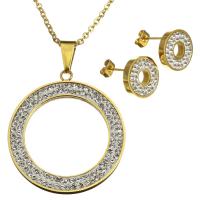 Rhinestone Edelstahl Schmuck Set, Ohrring & Halskette, mit Ton, Kreisring, goldfarben plattiert, Oval-Kette & für Frau, 35x39mm, 2mm, 13mm, Länge:ca. 19 ZollInch, verkauft von setzen