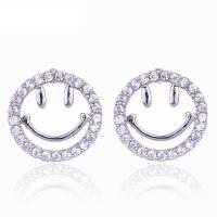 laiton boucle d oreille dormeuse, Visage de sourire, Plaqué de platine, pour femme & avec zircone cubique, protéger l'environnement, sans nickel, plomb et cadmium, 10-20mm, Vendu par paire