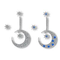 metal Pendientes asimétricos, Luna y estrella, chapado en platina real, para mujer & con circonia cúbica, más colores para la opción, libre de níquel, plomo & cadmio, 9x9mm, 21x52mm, Vendido por Par