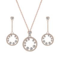 Rhinestone en alliage de zinc bijoux , boucle d'oreille & collier, Plaqué de couleur d'or rose, chaîne ovale & pour femme & avec strass  Environ 19 pouce, Vendu par fixé