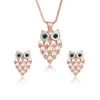 Rhinestone en alliage de zinc bijoux , Boucle d’oreille stud & collier, hibou, Plaqué de couleur d'or rose, chaîne de boîte & pour femme & émail & avec strass  Environ 17.5 pouce, Vendu par fixé