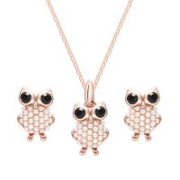 alliage de zinc parure de bijoux, Boucle d’oreille stud & collier, avec perle de plastique, hibou, Plaqué de couleur d'or rose, chaîne de bar & pour femme & avec strass  Environ 18 pouce, Vendu par fixé