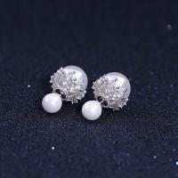 Brass Double Faced Stud Earring, with ABS Plastic Pearl, platinum plated, for woman & with cubic zirconia, lead & cadmium free 