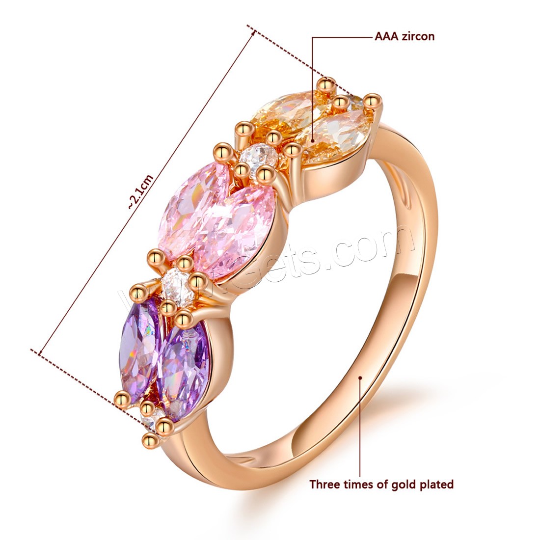 Anneau de cuivre de Zircon, laiton, Plaqué d'or rose, normes différentes pour le choix & pour femme & avec zircone cubique, 21mm, Vendu par PC