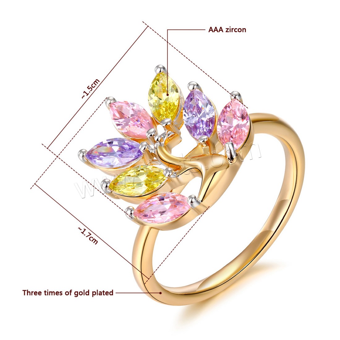 Anneau de cuivre de Zircon, laiton, Placage, normes différentes pour le choix & pour femme & avec zircone cubique, plus de couleurs à choisir, 15x17mm, Vendu par PC