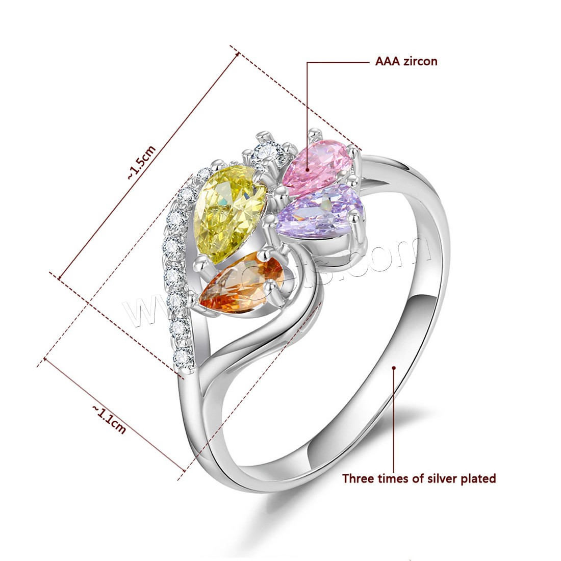 Anneau de cuivre de Zircon, laiton, Placage, normes différentes pour le choix & pour femme & avec zircone cubique, plus de couleurs à choisir, 15x11mm, Vendu par PC