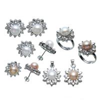 Messing Süßwasser Zuchtperlen Schmuck Sets, Anhänger & Fingerring & Ohrring, mit Natürliche kultivierte Süßwasserperlen, platiniert, einstellbar & Micro pave Zirkonia, keine, frei von Nickel, Blei & Kadmium, 19x16x10mm, 17x16x8mm, 16x21x9mm, Größe:7-10.5, verkauft von setzen