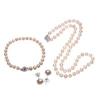 Conjunto de joya de perla de agua dulce de latón, Perlas cultivadas de agua dulce, Pendiente de stud & pulsera & collar, con metal, Patata, natural, para mujer, Rosado, 7mm, longitud:aproximado 18 Inch, Vendido por Set