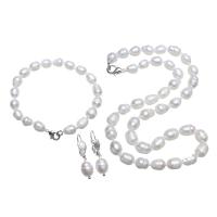 Ensembles de bijoux de perle d'eau douce en laiton, perle d'eau douce cultivée, Bracelet & boucle d'oreille & collier, avec laiton & alliage de zinc, riz, naturel, pour femme, blanc, 8-9mm Environ 17 pouce, Environ  7 pouce, Vendu par fixé