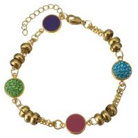 acero inoxidable Pulsera, con Arcilla analiar de diamantes de imitación AB, con 1Inch extender cadena, Redondo aplanado, chapado en color dorado, cadena oval & para mujer & esmalte, 16x11mm, longitud:aproximado 7 Inch, Vendido por Sarta