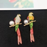 Zinc Alloy Brooch, with Plastic Pearl, Parrot, gold color plated, Unisex & enamel & with rhinestone 