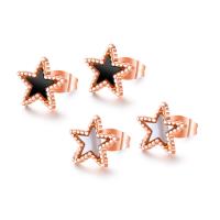 Stainless Steel Stud Earring, with White Shell, Flat Star, rose gold color plated, for woman 10mm 