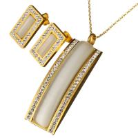 Stainless Steel Jewelry Set, earring & necklace, with Rhinestone Clay Pave & Cats Eye, Rectangle, gold color plated, oval chain & for woman 1.5mm Approx 18 Inch 