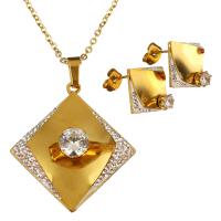 Edelstahl Mode Schmuckset, Ohrring & Halskette, mit Ton, Rhombus, goldfarben plattiert, Oval-Kette & für Frau & mit Strass, 35x38mm, 2mm, 17x18mm, Länge:ca. 19 ZollInch, verkauft von setzen