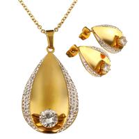 Edelstahl Mode Schmuckset, Ohrring & Halskette, mit Ton, Tropfen, goldfarben plattiert, Oval-Kette & für Frau & mit Strass, 26x43mm, 2mm, 13x20mm, Länge:ca. 20 ZollInch, verkauft von setzen