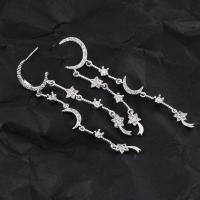 metal Pendientes con Colgantes, Luna y estrella, chapado en plata real, para mujer & con diamantes de imitación, libre de plomo & cadmio, 9x55mm, Vendido por Par