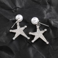 metal Pendientes con Colgantes, con Perlas de plástico ABS, Estrella, chapado en plata real, para mujer & con diamantes de imitación, libre de plomo & cadmio, 17x23x8mm, Vendido por Par