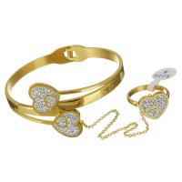 Rhinestone Edelstahl Schmuck Set, mit Ton, Herz, goldfarben plattiert, für Frau, 29mm, 8mm, 13.5mm, Innendurchmesser:ca. 65x53mm, Größe:8, verkauft von setzen