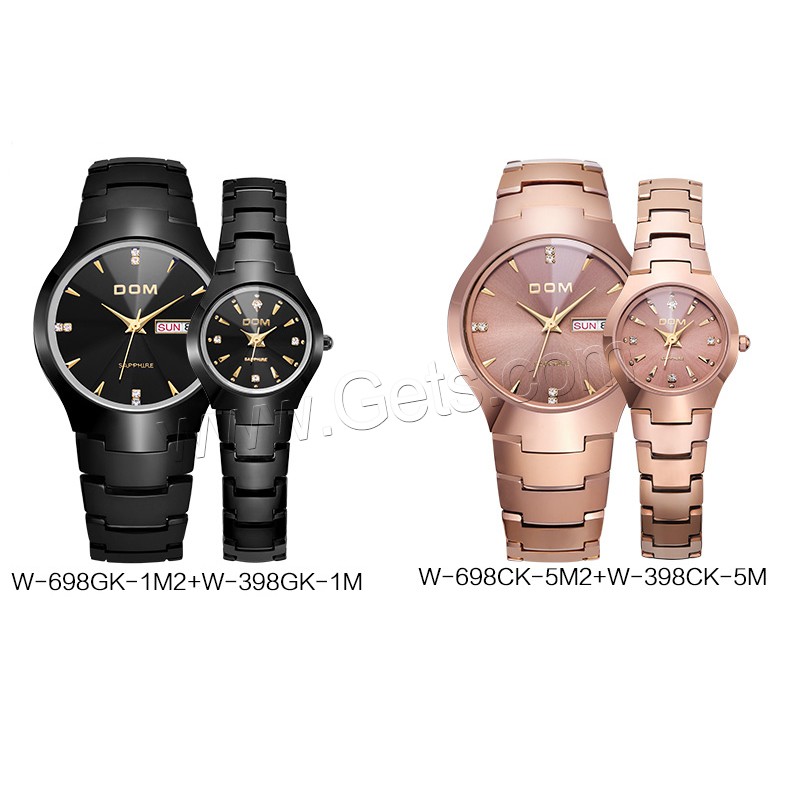 Colección de relojes DOM®, Acero de tungsteno, con Vidrio & acero inoxidable, movimiento japonés, chapado, Resistente al agua de la vida & unisexo & diverso tamaño para la opción & para la pareja & con diamantes de imitación, más colores para la opción, Vendido por UD