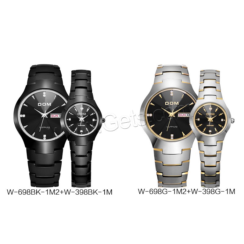 Colección de relojes DOM®, Acero de tungsteno, con Vidrio & acero inoxidable, movimiento japonés, chapado, Resistente al agua de la vida & unisexo & diverso tamaño para la opción & para la pareja & con diamantes de imitación, más colores para la opción, Vendido por UD